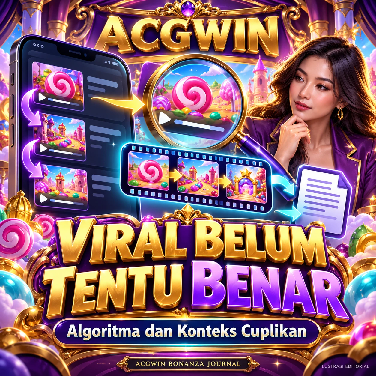 Banner ACGWIN tentang algoritma viral, linimasa video, dan pemeriksaan konteks cuplikan gim