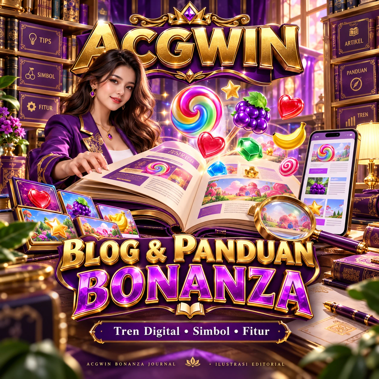Banner ACGWIN Blog dan Panduan Bonanza dengan jurnal, simbol permainan, dan kumpulan artikel digital