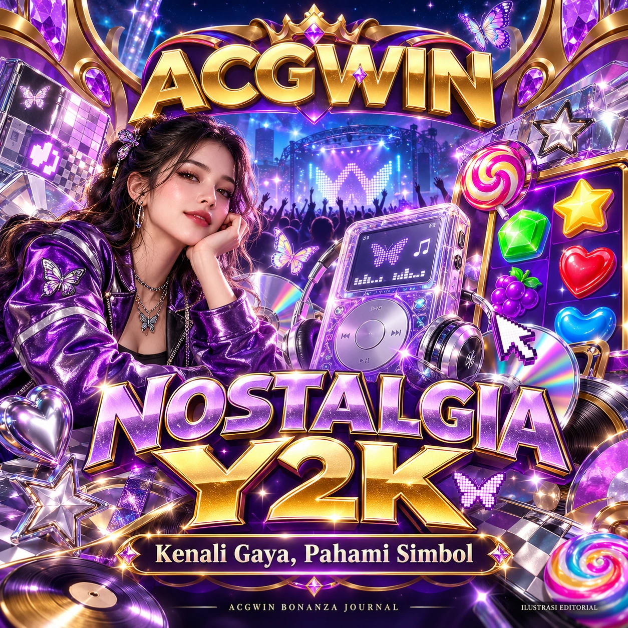 Banner ACGWIN Nostalgia Y2K dengan CD krom, perangkat retro, dan simbol gim berwarna cerah