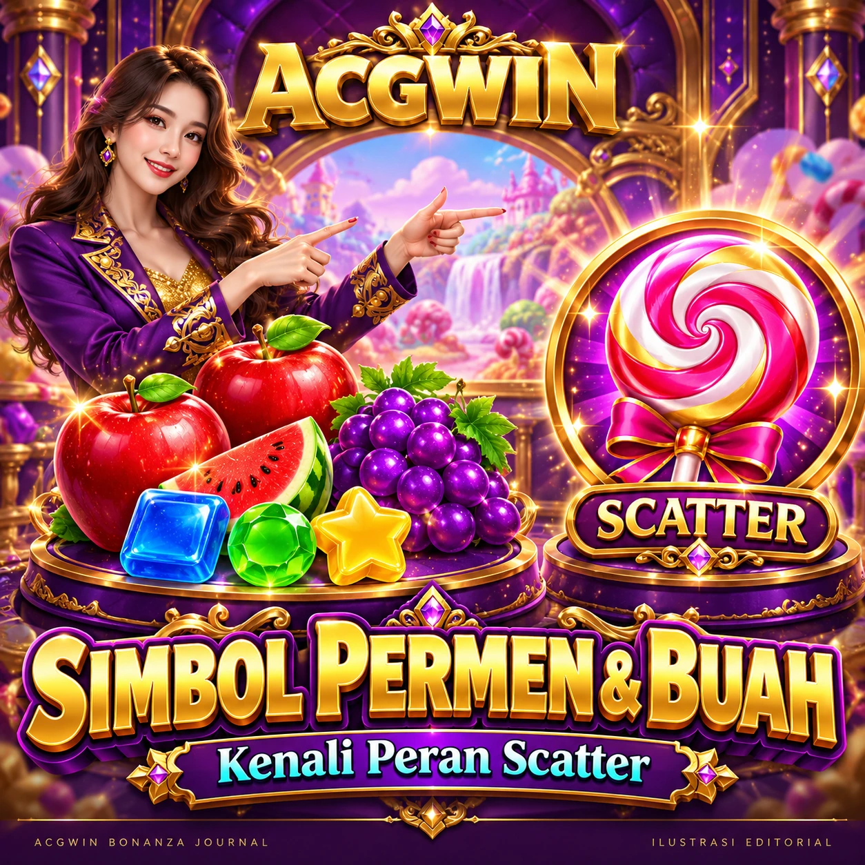 Banner ACGWIN yang membedakan simbol buah dan permen dari simbol lolipop Scatter