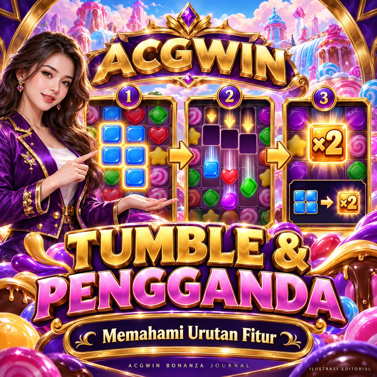 Banner ACGWIN Tumble dan Pengganda dengan urutan pergantian simbol dan contoh pengganda